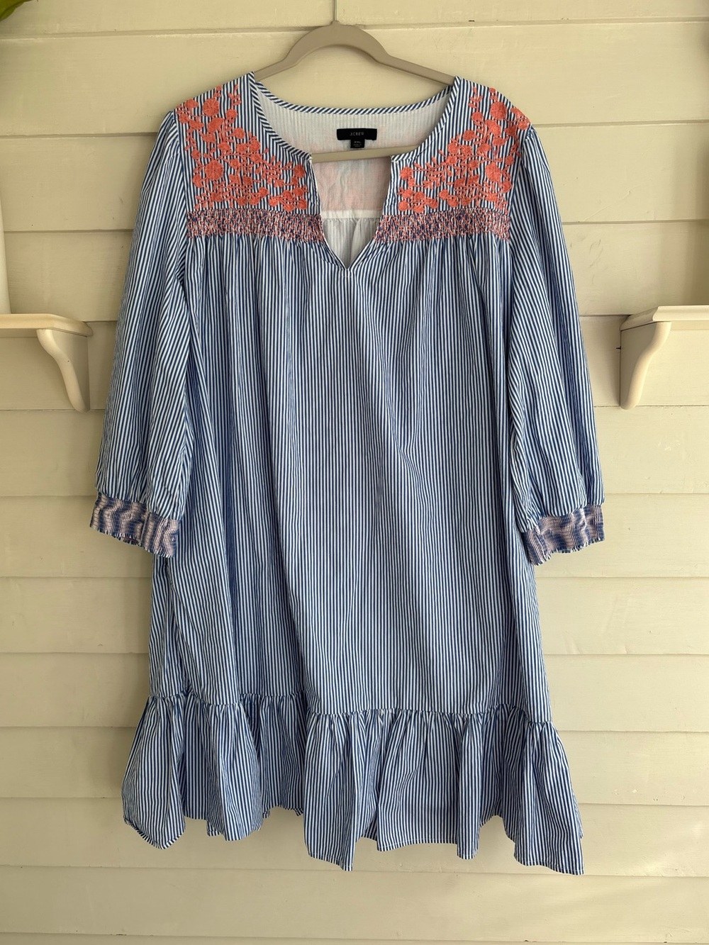 J. Crew Leda Popover Dress Blue & White Striped Coral Floral Embroidery Size XXL